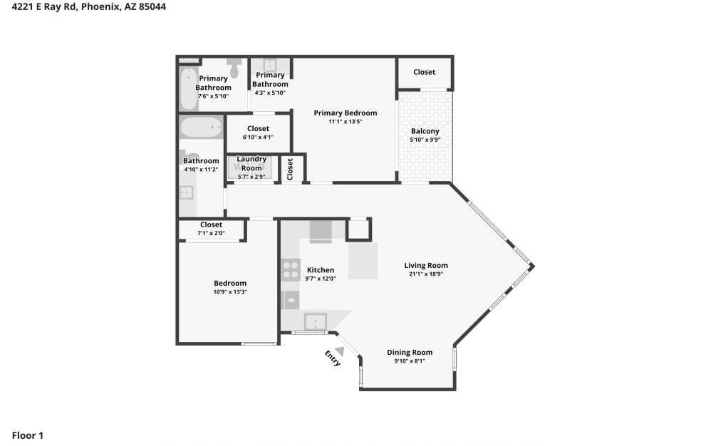 Perilla - 2 bedroom floor plan layout with 2 bathrooms and 1000 square feet (Image 2)