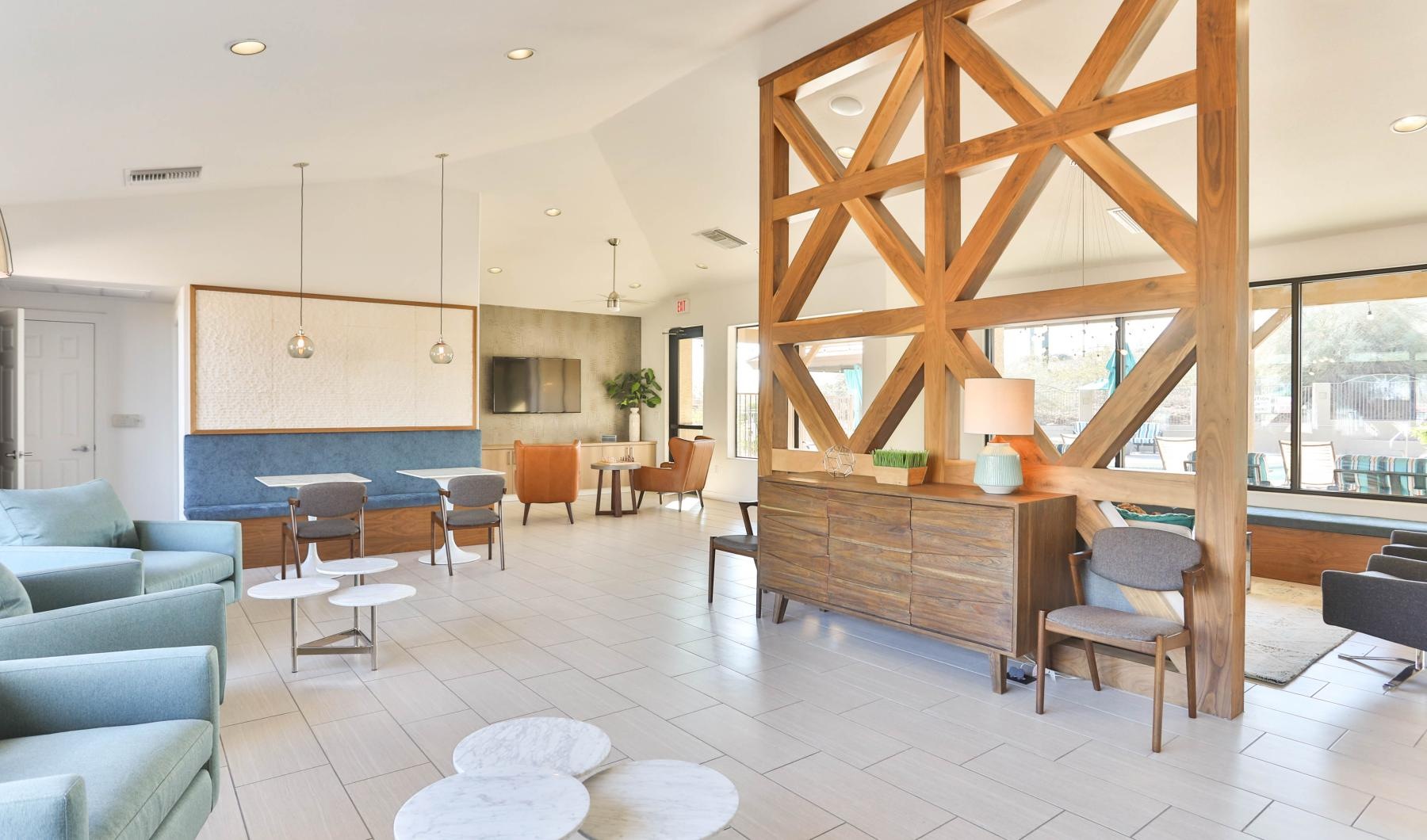 a room with a wood staircase